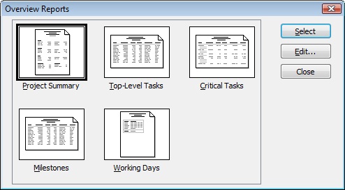 The Overview Reports dialog box shows the available summary reports.