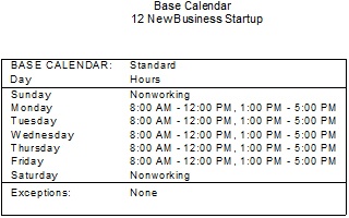 The Working Days report shows working days for each base calendar used in the project.