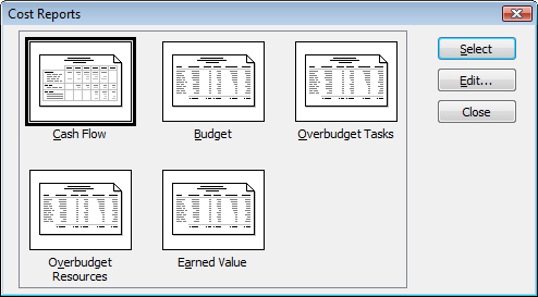 Choose one of the available cost-related reports in the Cost Reports dialog box.