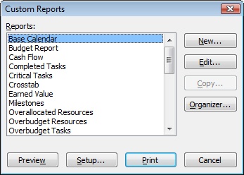 The Custom Reports dialog box shows all built-text in reports and text report formats.