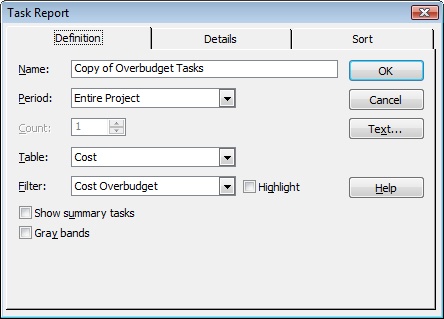 The Task Report dialog box appears for any report based on task information.