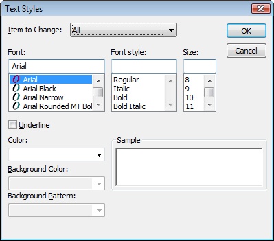 Change the font of various items in the report using the Text Styles dialog box.