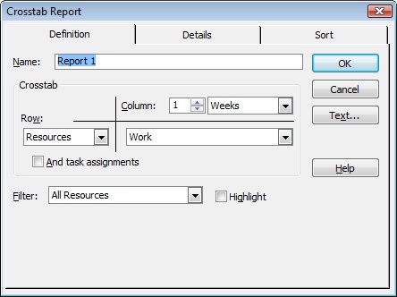 The Crosstab Report dialog box appears for any report that displays a tabular format of intersecting information along vertical and horizontal fields of information.