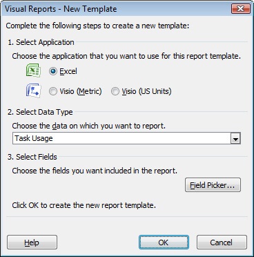 When you create a new visual report template, you must specify the application, the data type (OLAP cube), and the fields to be included.