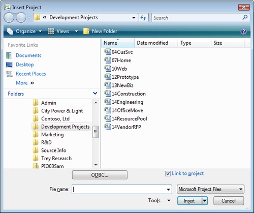 Browse in the Insert Project dialog box to find the project you want to insert.