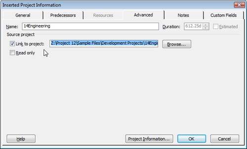 Use the Advanced tab in the Inserted Project Information dialog box to change a subproject to read-only or to remove the link to the subproject.