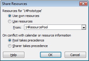 Use the Share Resources dialog box to specify that you want your project file to use the resource pool.