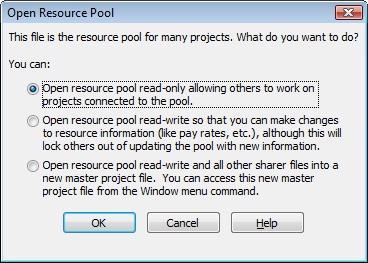 You see this alert whenever you directly open a resource pool file. Specify whether you want to open the resource pool as read-only or read-write.