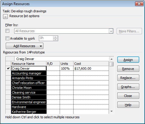 Use the Assign Resources dialog box to check resource availability while making assignments.