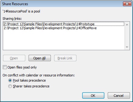 In the resource pool, the Share Resources dialog box shows the path of all sharer files.