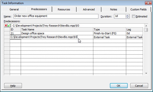 On the Predecessors tab in the Task Information dialog box, enter the path, name, and task ID of the external predecessor in the ID field.