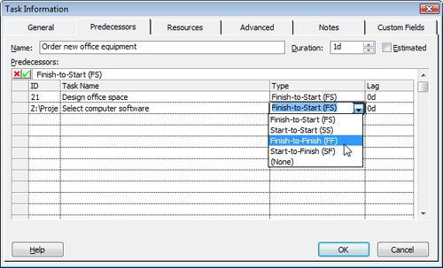 The second time you open the Task Information dialog box, the name of the external task appears in the Predecessors table.