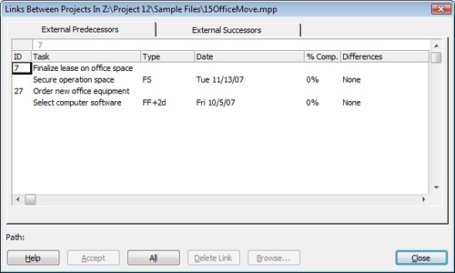 The Links Between Projects dialog box shows the pairs of linked tasks along with their link types, finish dates, current percentage complete, along with any available updates.