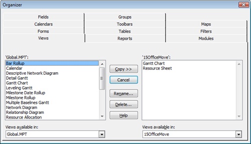 Use the Organizer to copy, rename, or delete customized elements between projects or between a project and the project global template.