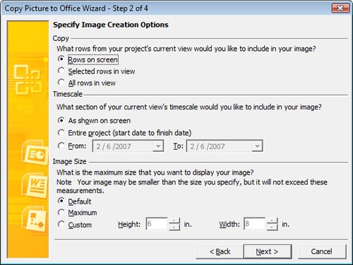 Specify options in the Copy Picture To Office Wizard to indicate how you want the picture of the Microsoft Project view to appear.