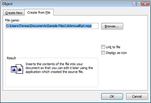 Select the project file you want to embed into another application’s file.