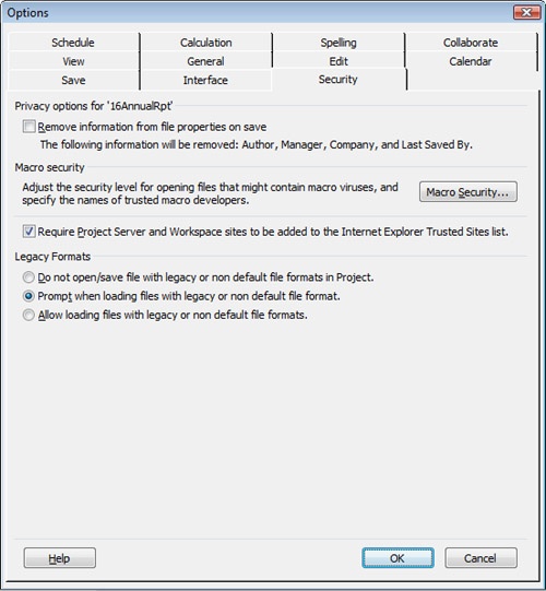 Use the Security tab to allow Microsoft Project to export information as an older Excel file.