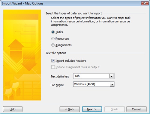 Use the Map Options page of the Import Wizard to specify the types of data you are importing.