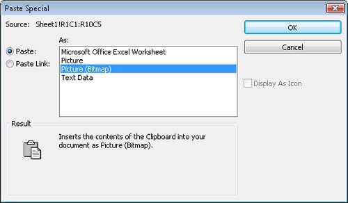 Use the As box in the Paste Special dialog box to specify that you want to insert the Excel information as a picture.