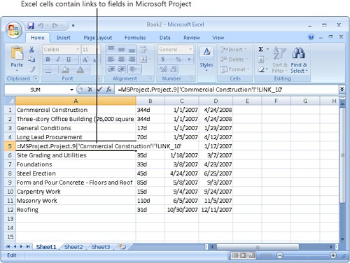 When you link Microsoft Project data into Excel cells, the cells contain links to fields in Microsoft Project.