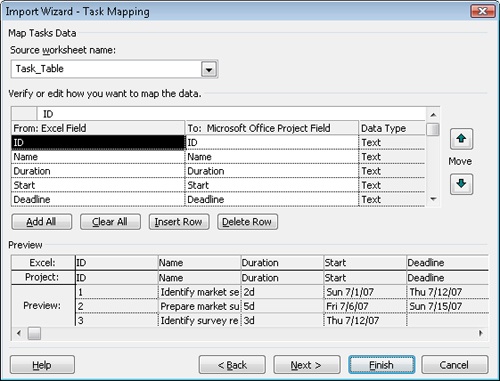 Use the Mapping page to match columns in an Excel worksheet with the corresponding Microsoft Project fields.