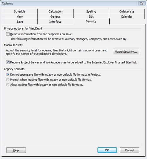 Use the Security tab to allow Microsoft Project to save your Excel export map.