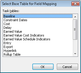 Select the Microsoft Project table that contains the fields you want to use as your export data source.