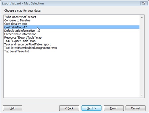 The Export Wizard – Map Selection page lists built-in export maps as well as any export maps you have previously saved.