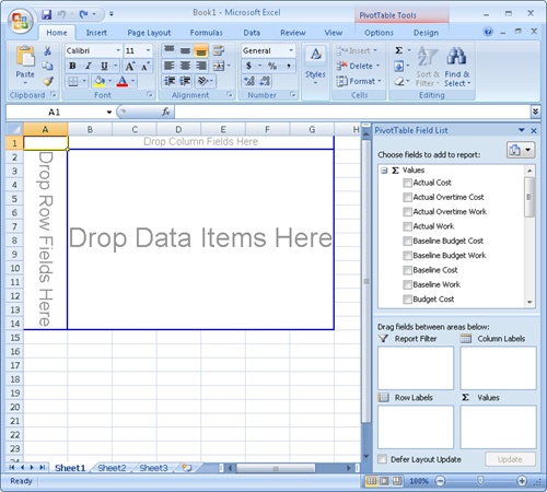 Drag fields onto the PivotTable or into the PivotTable configuration boxes to build your report.