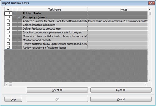 Use the Import Outlook Tasks dialog box to copy tasks from Outlook to your project plan.