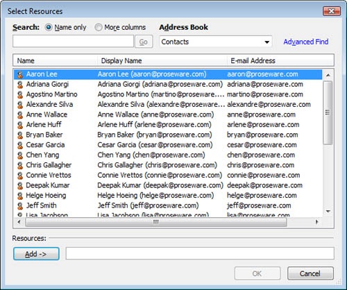 Use the Select Resources dialog box to select resources from your e-mail address book.