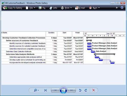 When recipients double-click a graphic attachment sent in a schedule note e-mail, the picture of selected tasks or resources appears.