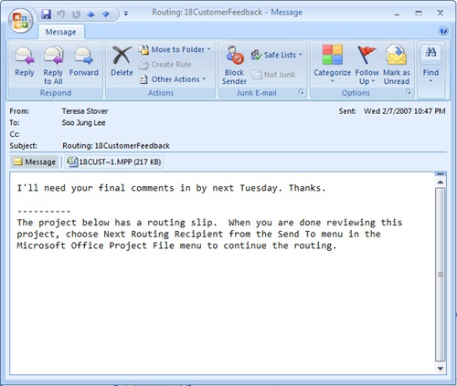 The routing e-mail provides instructions to each recipient, along with the attached project file.