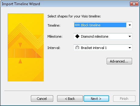 In the Import Timeline Wizard, you can choose the Visio shapes to use for the overall schedule, summary tasks, and milestones.