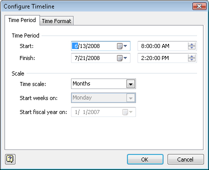 The Configure Timeline dialog box contains controls for specifying the start and finish dates and time intervals for a timeline.