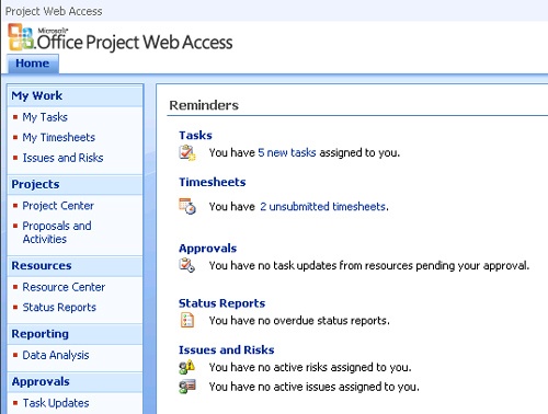 Team members use Project Web Access to see task assignments, timesheets and status reports that are due, and other project-related information.