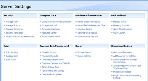 The project server administrator uses the Server Settings page to manage users, set up timesheets, configure standard reports, and customize views.