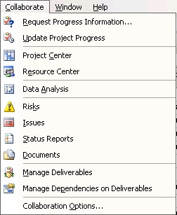 When Project Professional is connected to a project server, the Collaborate menu becomes available.