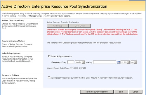 Set scheduling and resource options to synchronize an Active Directory group with your enterprise resource pool.