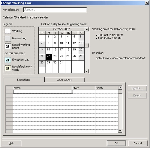 Use the Change Working Time dialog box to edit the enterprise calendar.