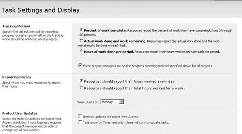 Use the Task Settings And Display page to set the default work tracking method for the team member task progress page.