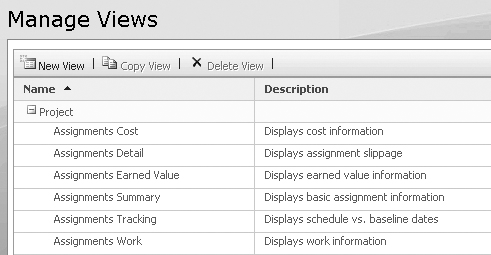 Use the Manage Views page to modify, add, or remove views in Project Web Access.