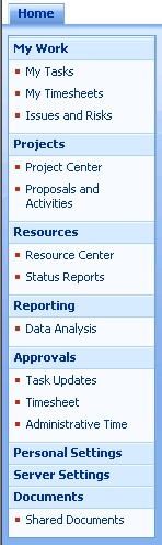 The Quick Launch task bar is your command center to all the areas of Project Web Access.