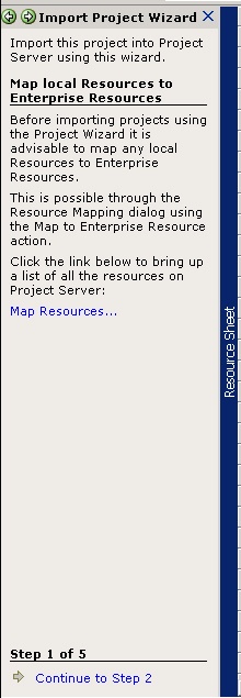 The Import Project Wizard walks you through the steps to save an existing local project to the project server.