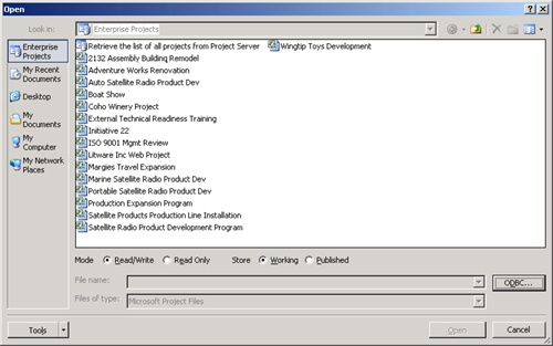 The Open dialog box presents a list of enterprise projects.