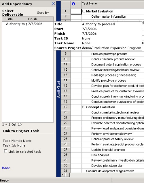 The Select Deliverable pane lists the deliverable tasks that have been identified in the other enterprise project.