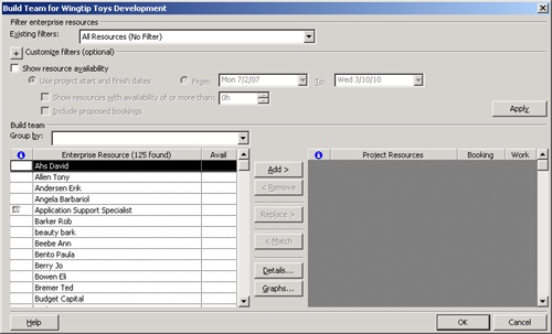 Use the Build Team dialog box to add enterprise resources to your project.