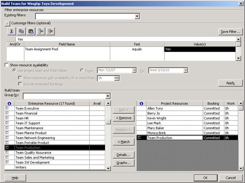 Build a custom filter to find all team assignment pools and then add the one you want to your project.