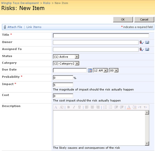 Use the Risks: New Item page to document all details about the risk.