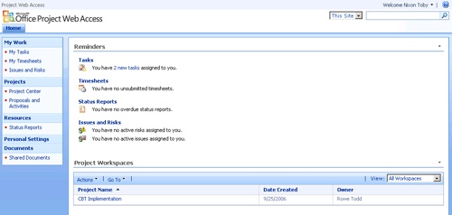 After a successful logon, the Project Web Access home page appears.